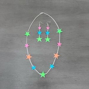 Star Pastel Metal Coated Multicolor Pink Blue Lightweight Necklace Earring Set